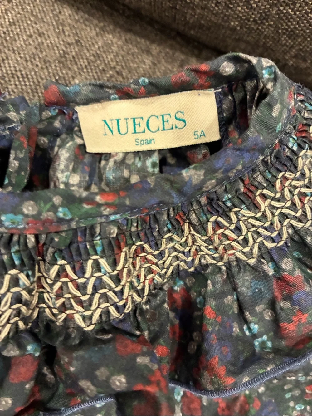 NUECES Navy Floral Smocked Ruffle Long-Sleeve Kids Dress button down cottagecore